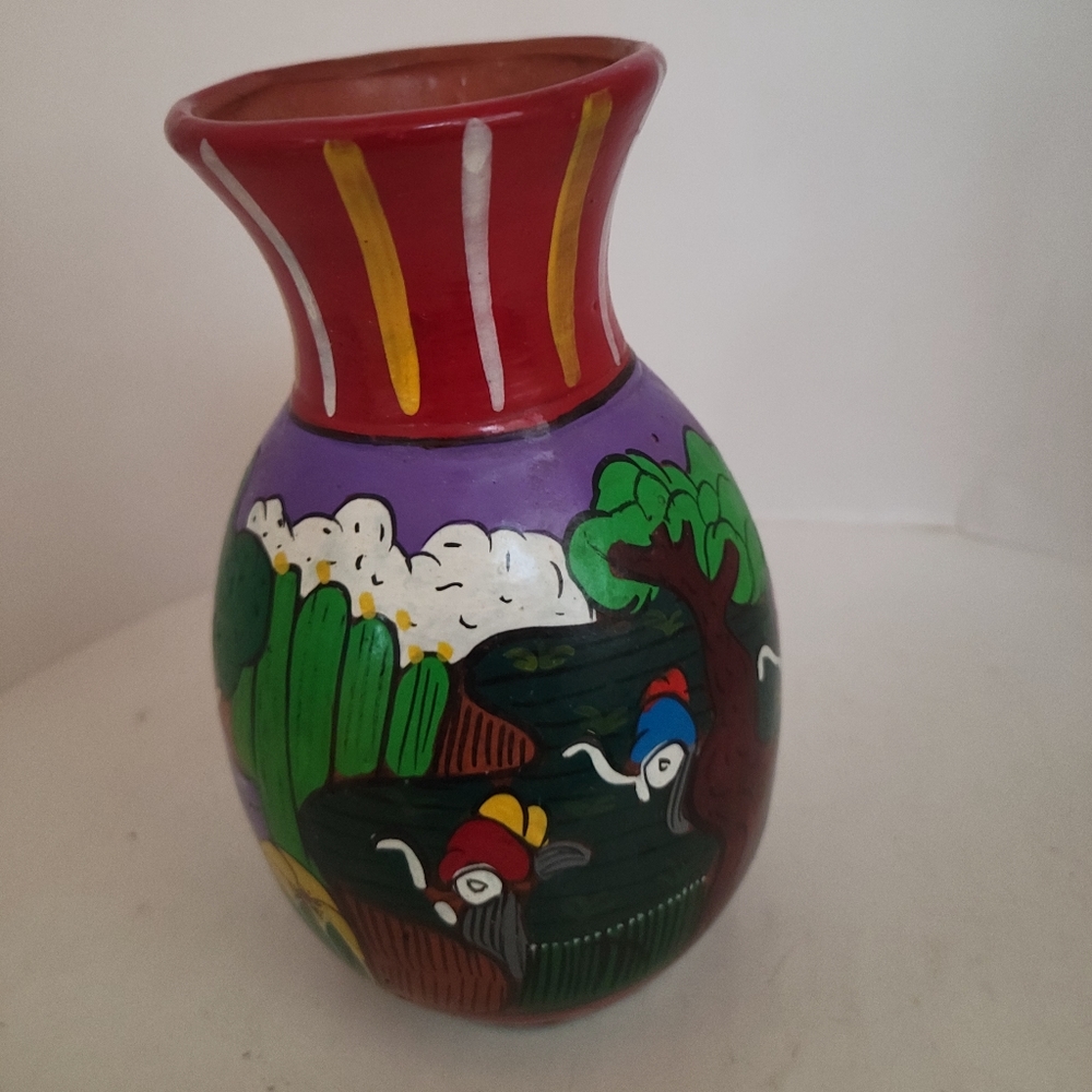 Folk Art Mexican Vase Hand Painted Red Clay Pottery 5" tall approximately